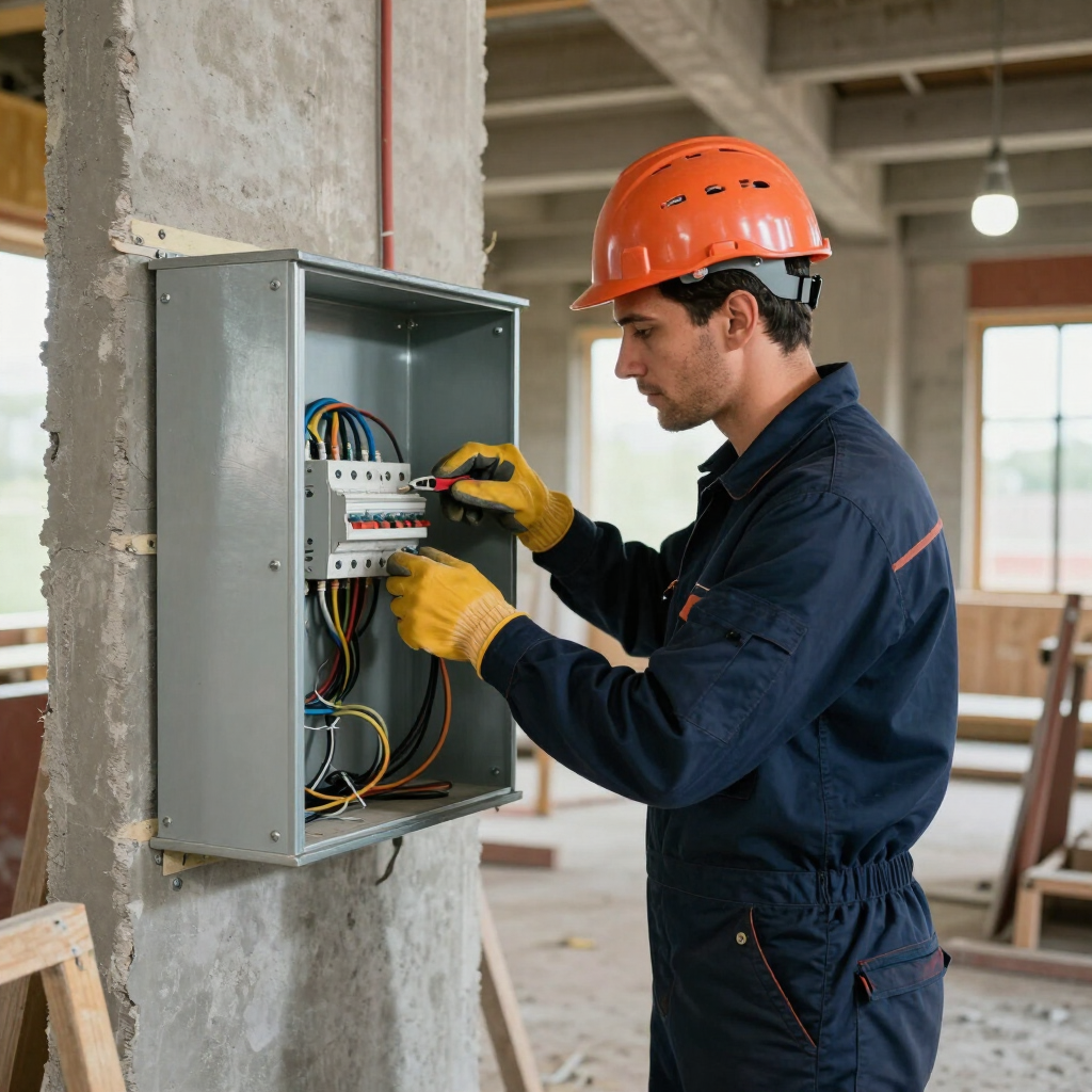 Electricista con casco naranja realizando el cableado de un panel eléctrico abierto en una obra de construcción.