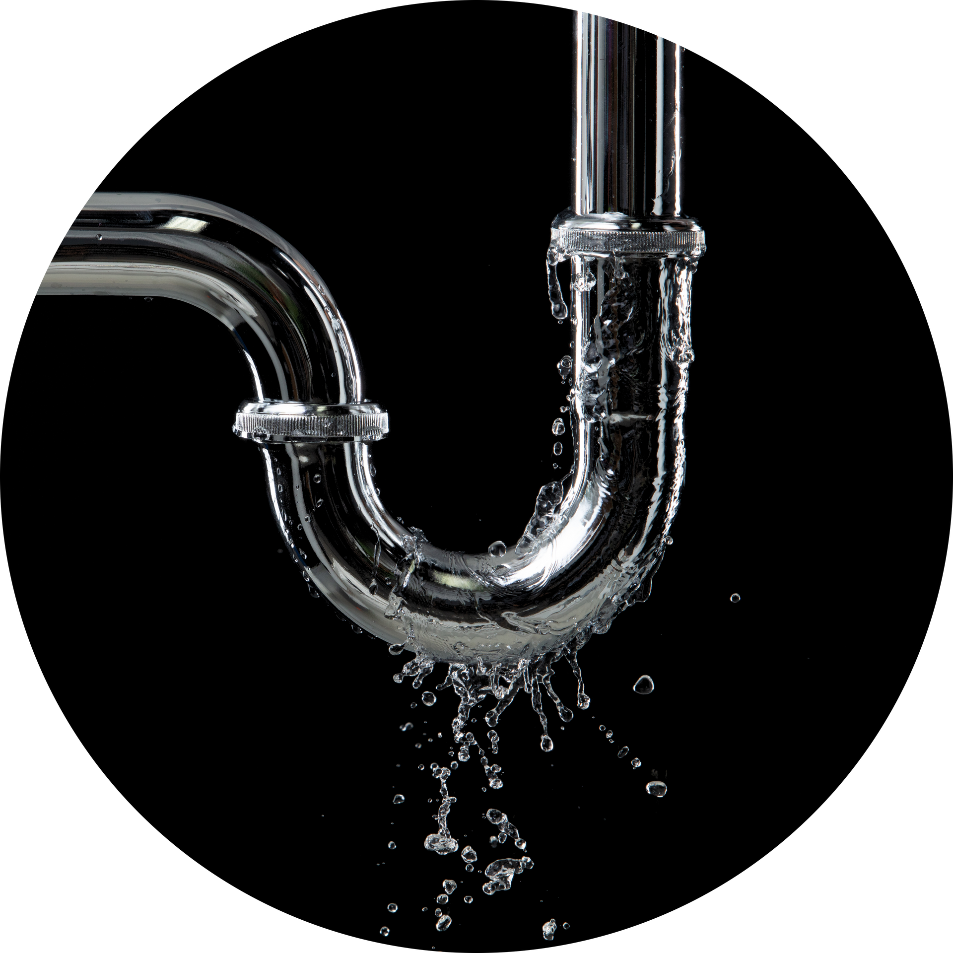Leaking chrome plumbing pipe with water droplets against a black background.