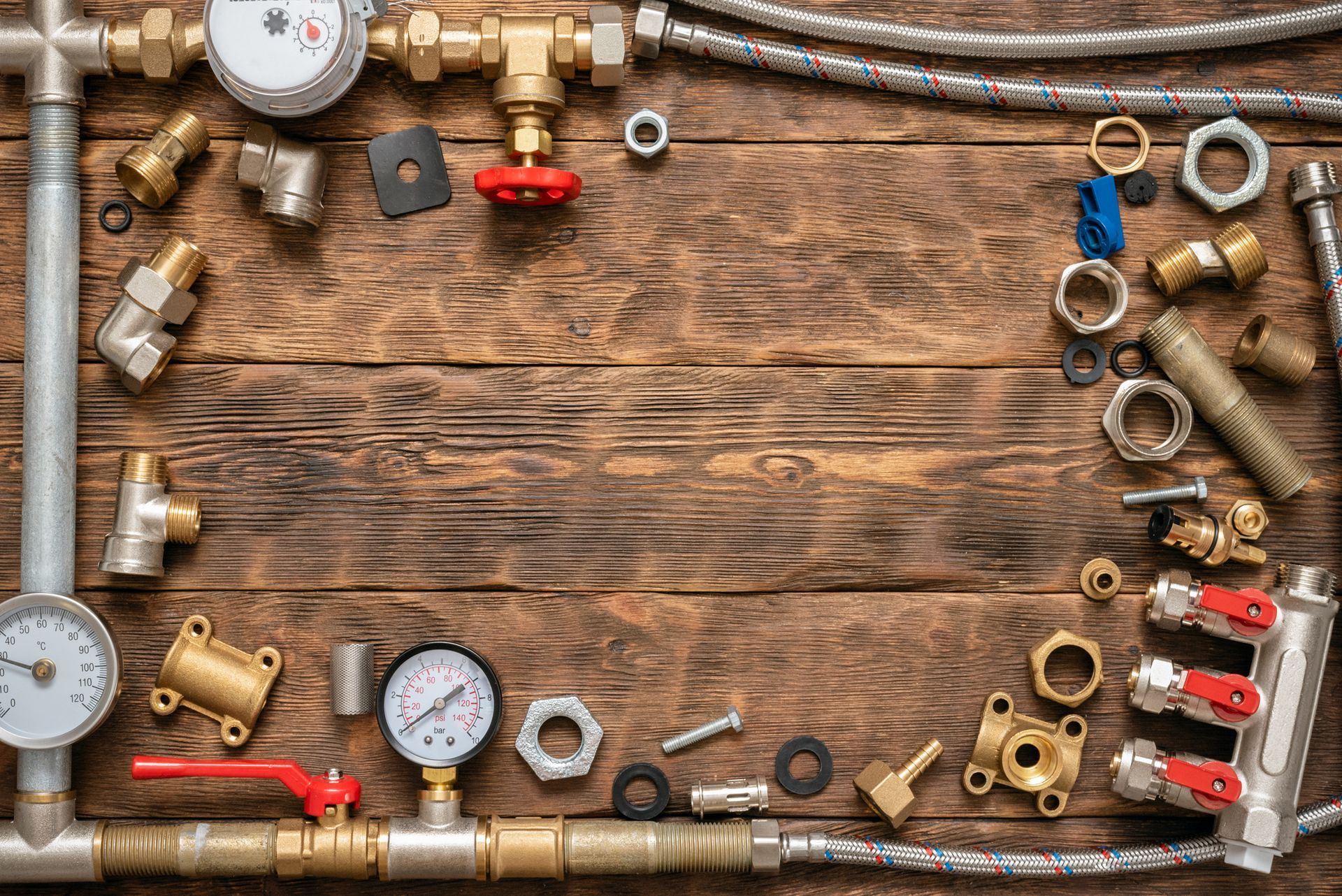 Plumbing tools and fittings arranged on a rustic wooden surface, showcasing various metal components