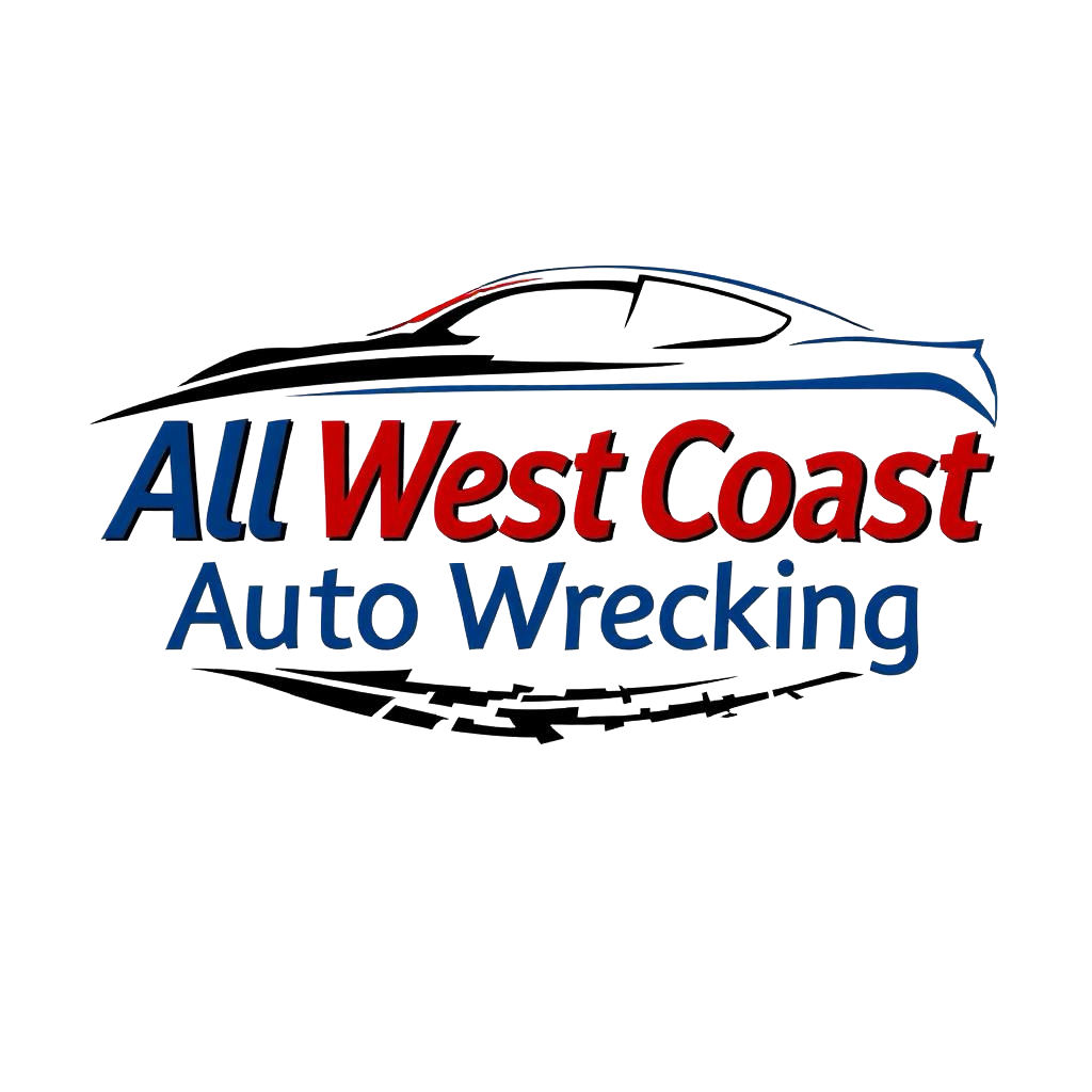 Logo for All West Coast Auto Wrecking: car silhouette with blue and red text on a white background.