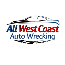 Logo for All West Coast Auto Wrecking: car silhouette with blue and red text on a white background.