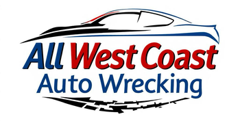 Logo for All West Coast Auto Wrecking: car silhouette with blue and red text on white background.