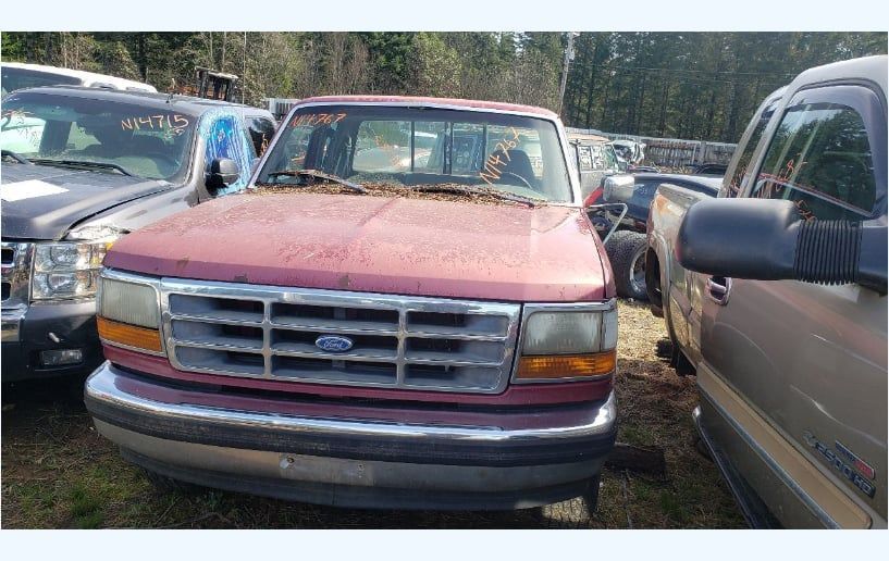 A red Ford pickup truck in a junkyard, weathered and surrounded by other vehicles.