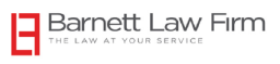 The Barnett Law Firm logo, featuring a red abstract icon and the words "The law at your service" in gray text.