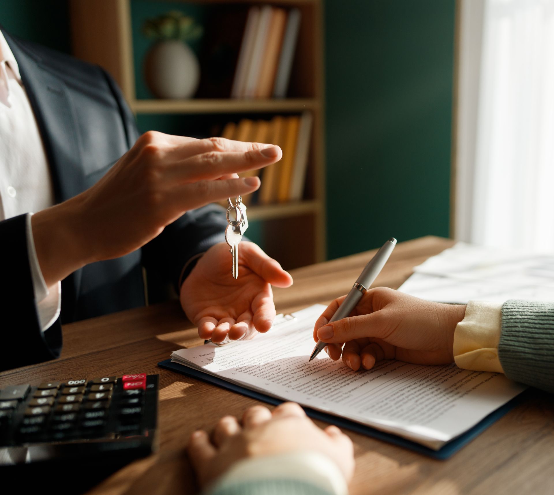 Person handing keys to a client signing papers at a desk with a calculator nearby