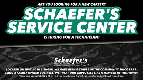 Advertisement for Schaefer's Service Center hiring a technician. Green and white text on a grayscale background.