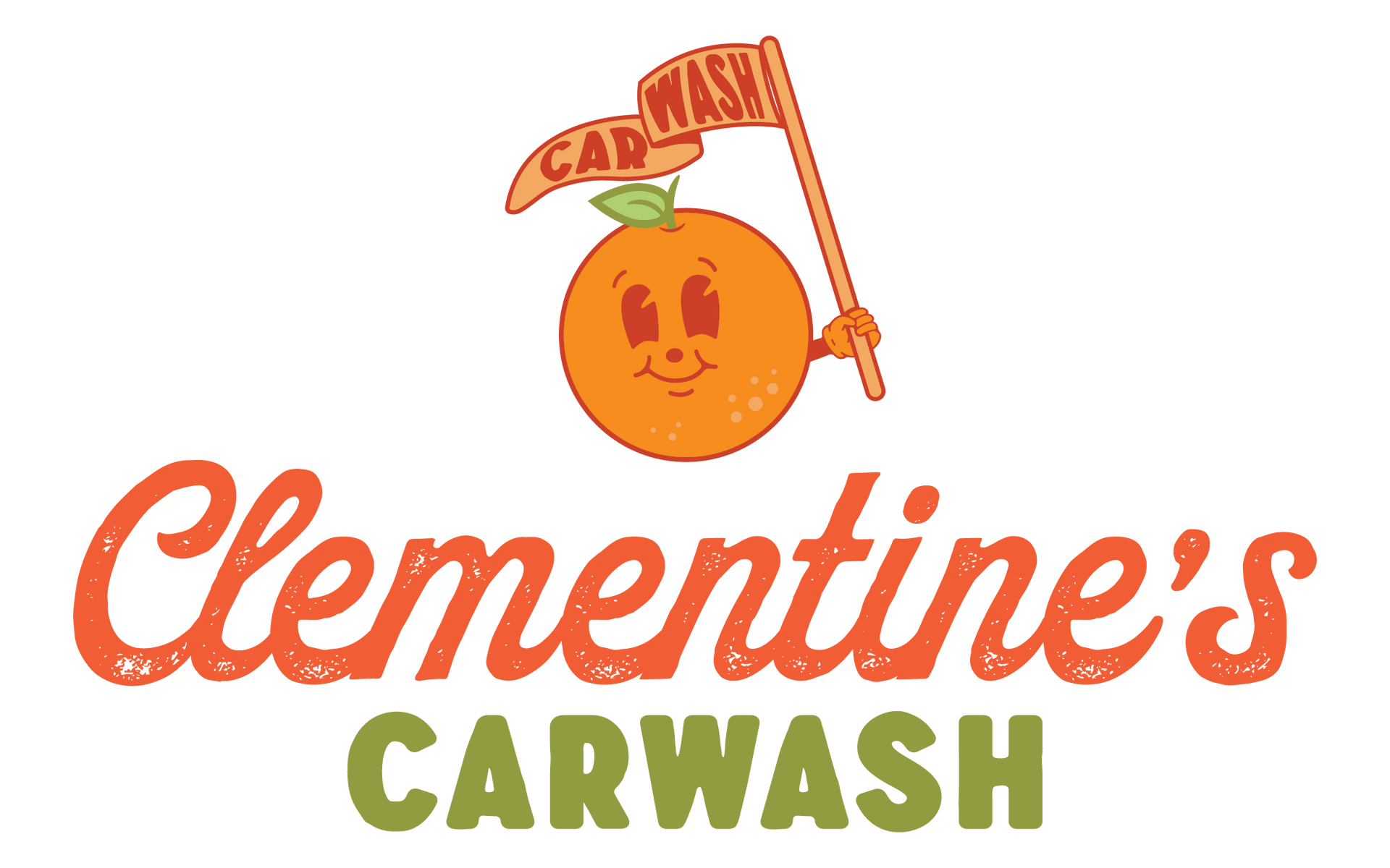 Clementine car wash logo. Orange holding flag 2 wash locations La Grange, Buechel Rd. Louisville Kentucky . Ttouchfree
