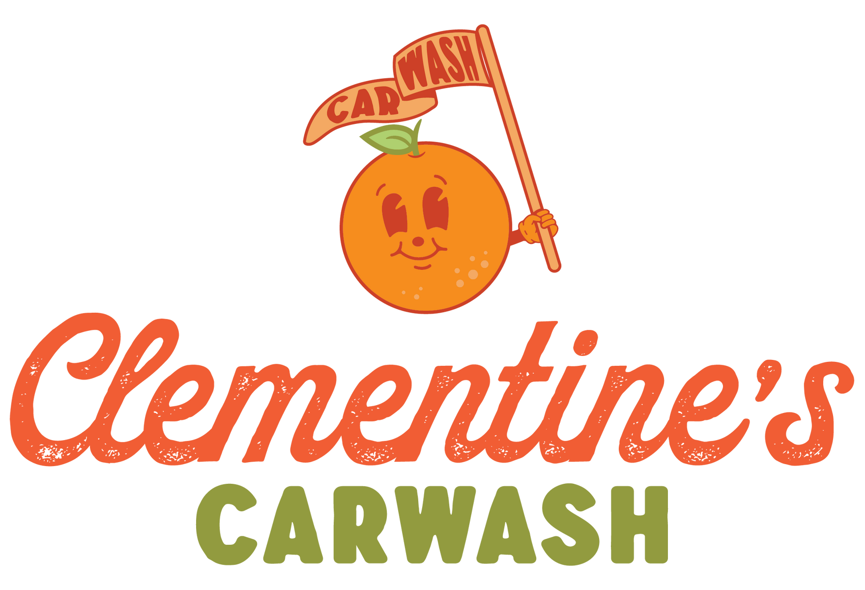 Clementine car wash logo. Orange holding flag 2 wash locations La Grange, Buechel Rd. Louisville Kentucky . Ttouchfree