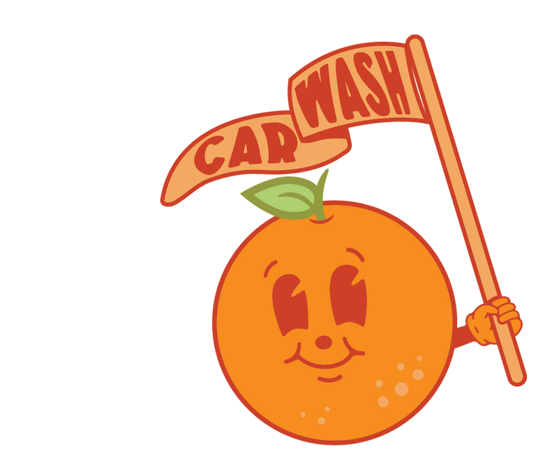Clementine car wash logo. Orange holding flag 2 wash locations La Grange, Buechel Rd. Louisville Kentucky . Ttouchfree