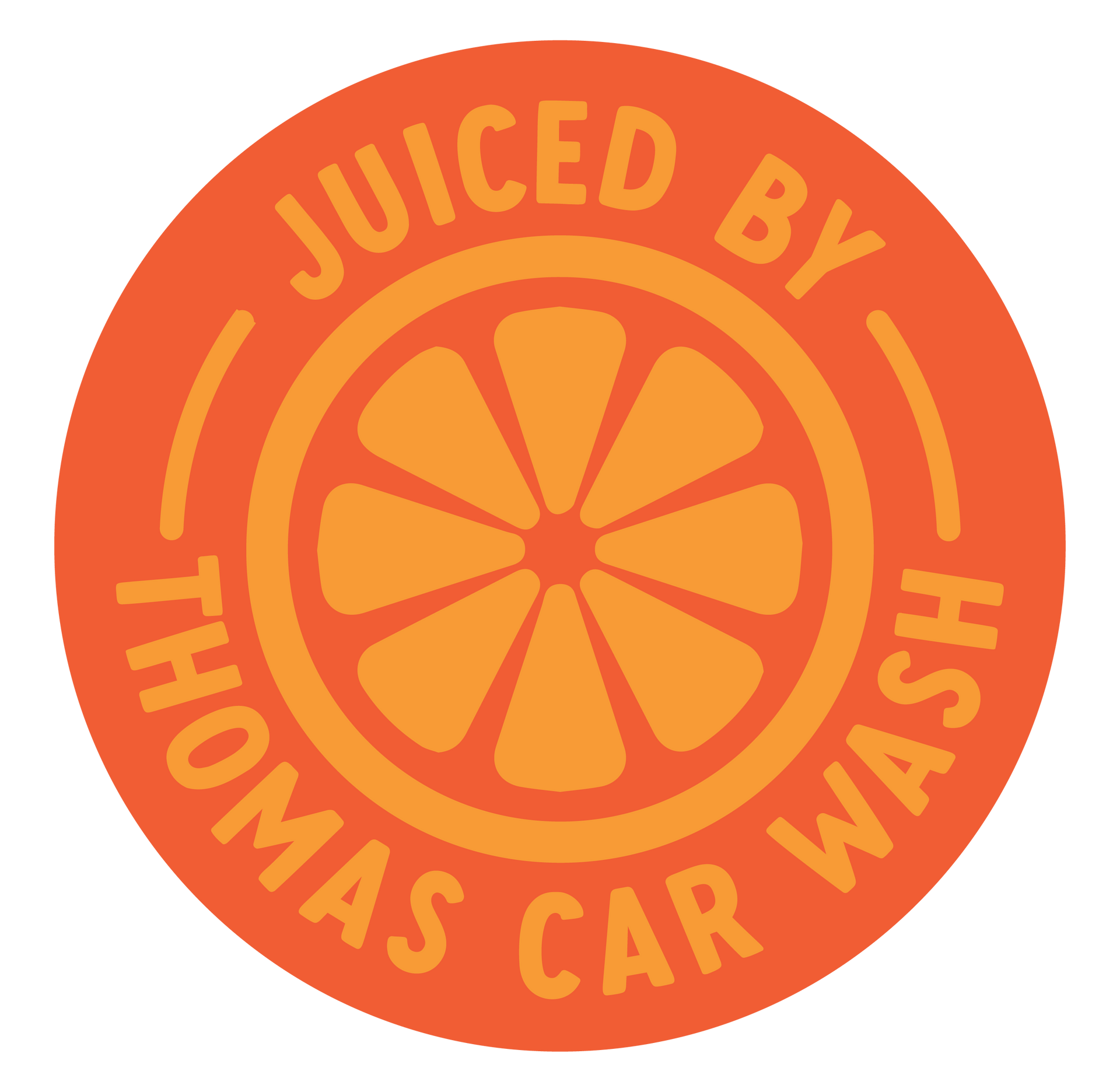 A logo for thomas car wash with an orange slice in the center clementine's touchfree carwash in Louisville Kentucky