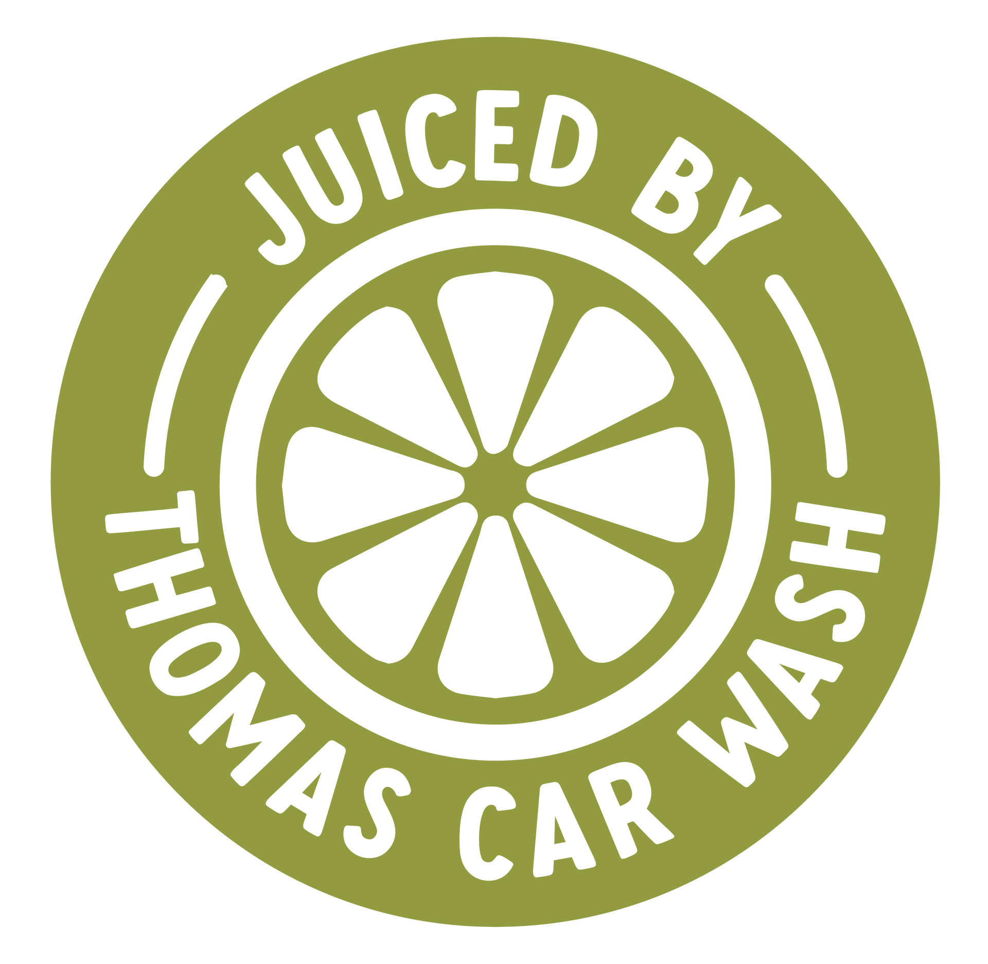 A logo for thomas car wash with an orange slice in the center clementine's touchfree carwash in Louisville Kentucky