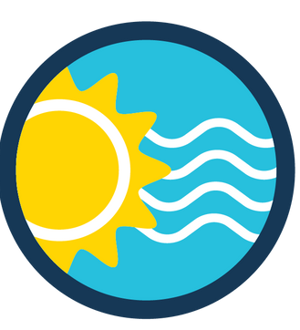 An icon of a sun and waves in a blue circle for Clementine's Car wash drying blowers