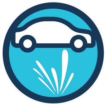 A car is splashing water in a blue circle for Clementine's Car wash under carriage wash