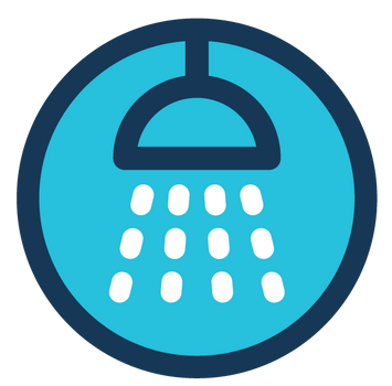 A shower faucet icon in a blue circle on a white background for Clementine's Car wash spot free rinse