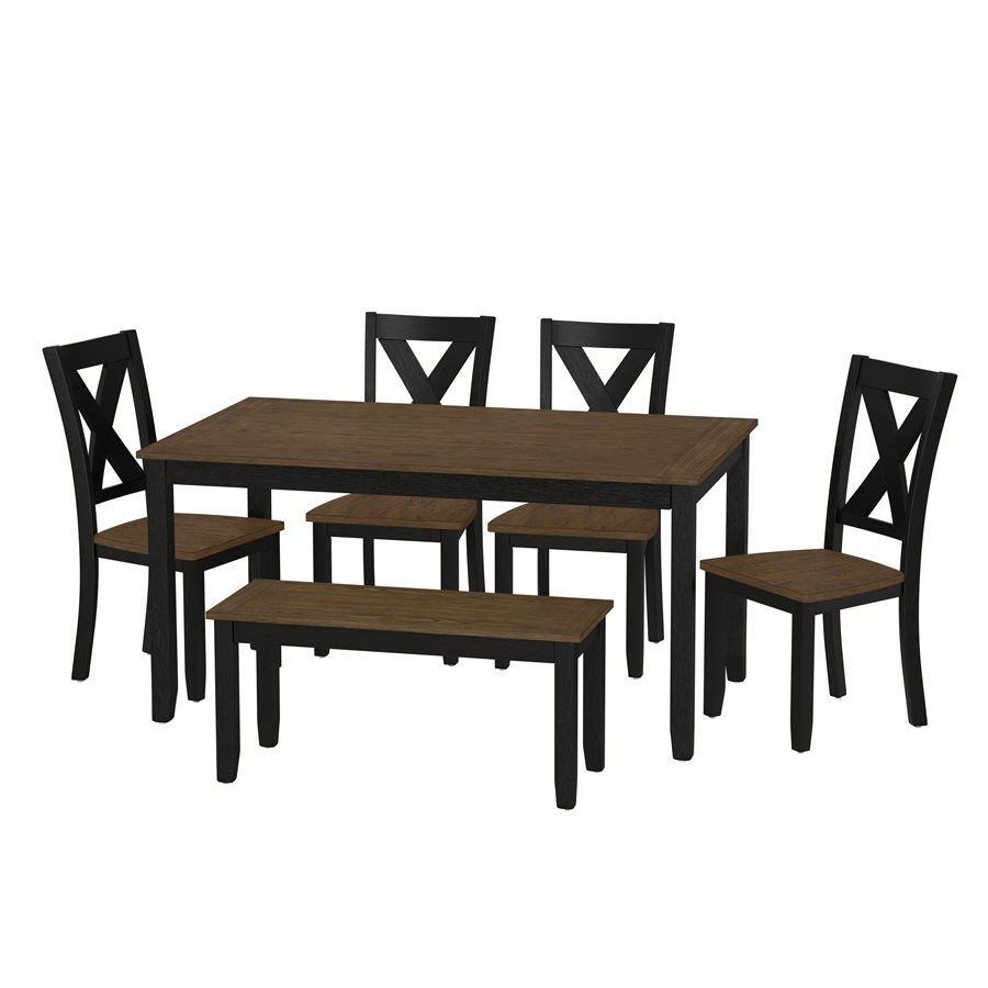 Dining table set with rectangular brown table, black chairs, and a bench.