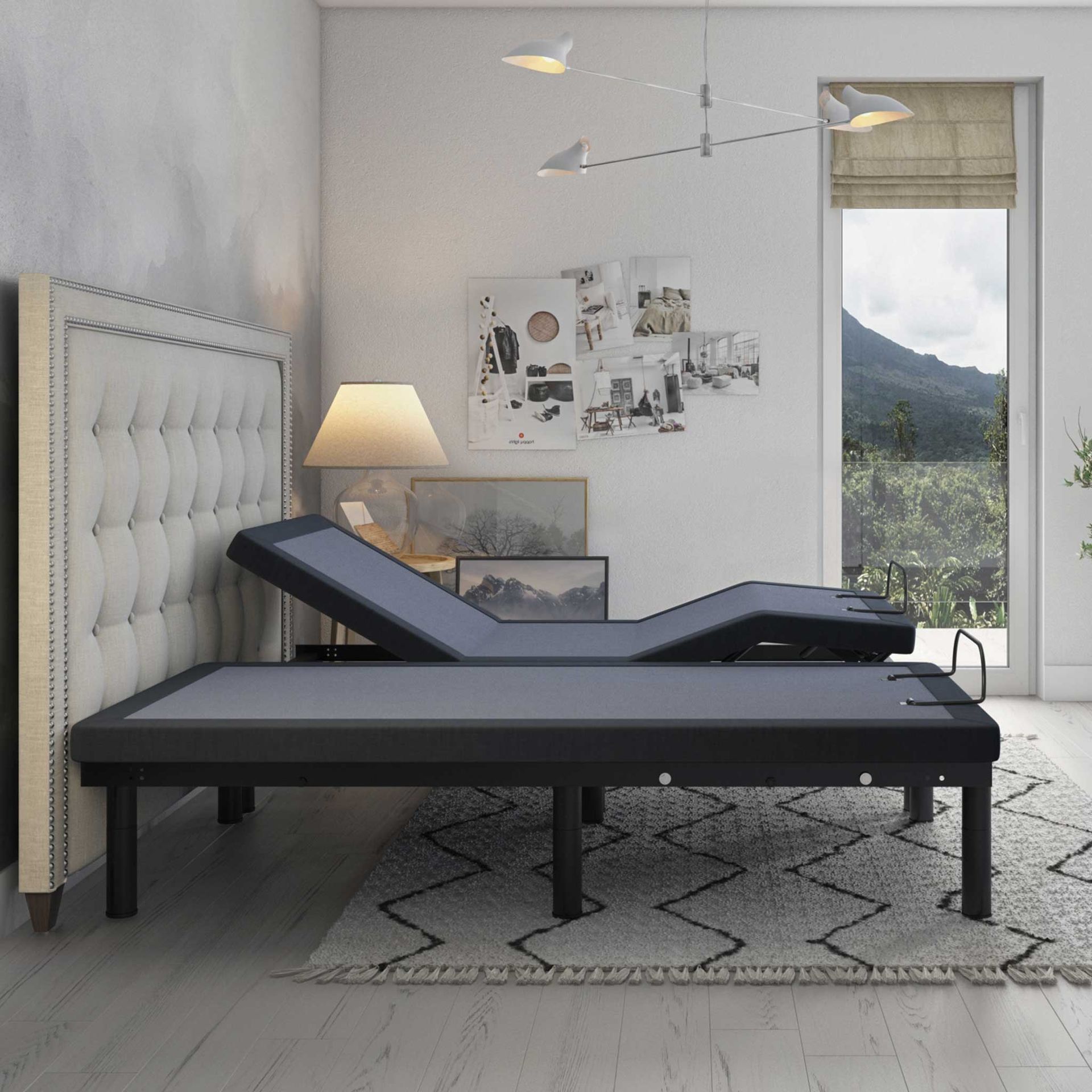 Adjustable bed frame with a button-tufted headboard, against a gray wall, on a patterned rug.