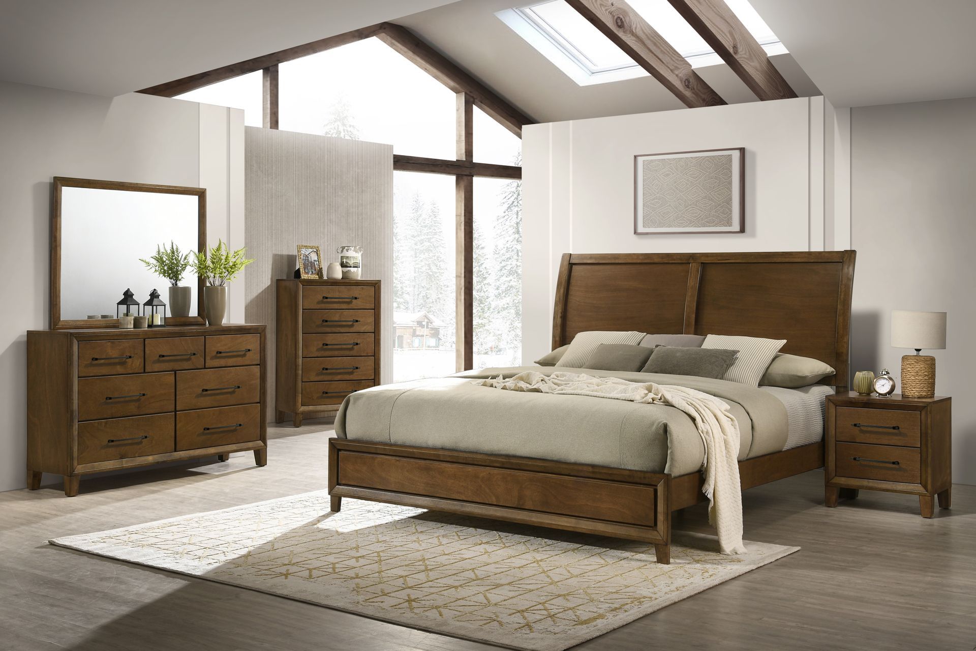 A wooden bedroom furniture set including a bed, dresser with mirror, chest of drawers, and a nightstand in a bright room.
