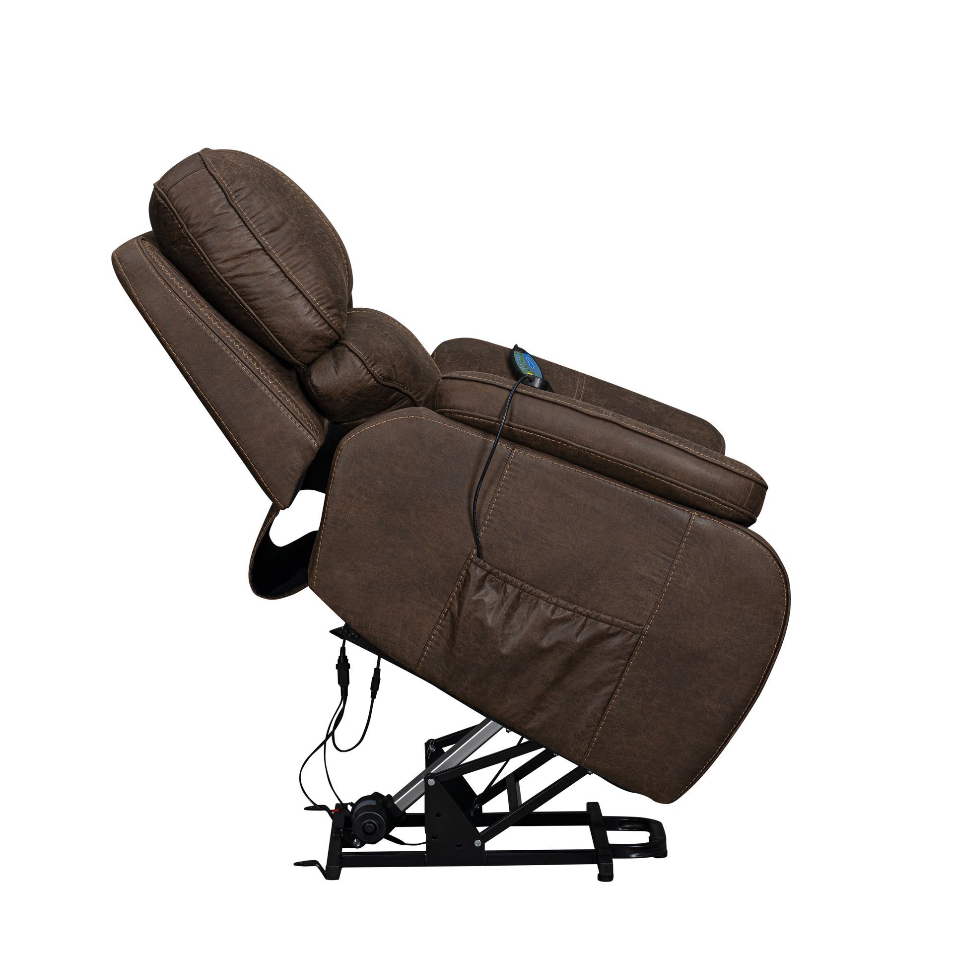 A brown power lift recliner chair shown from the side in a partially raised position.