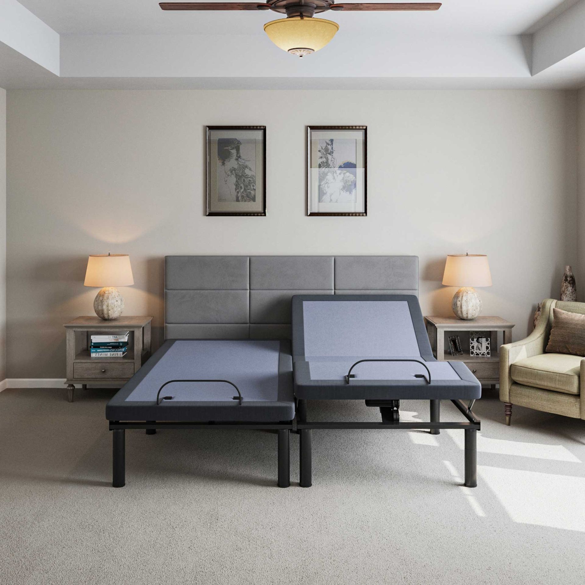 A bedroom with a split adjustable bed, nightstands, lamps, and art on the wall.