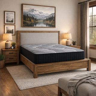 Bedroom with a bed, nightstands, lamps, artwork, and a rug. The bed has a black mattress.