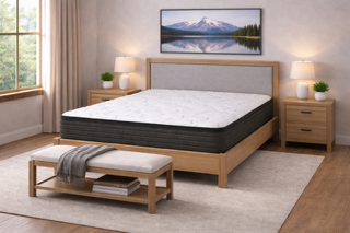 Bedroom with a bed, bench, nightstands, and mountain artwork.