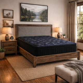 Bedroom with a bed, nightstands, rug, and artwork. Dark blue mattress on a wooden bed frame.