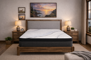 Bedroom with bed, nightstands, lamps, and landscape art on wall.