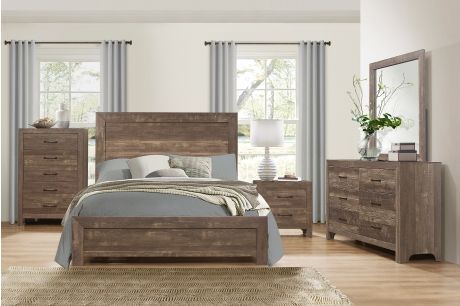 Bedroom set with bed, dresser, chest, nightstand, and mirror, all in a rustic wood finish.