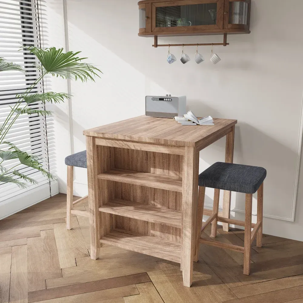 A wooden kitchen table with built-in shelves, two stools, and a cabinet above.