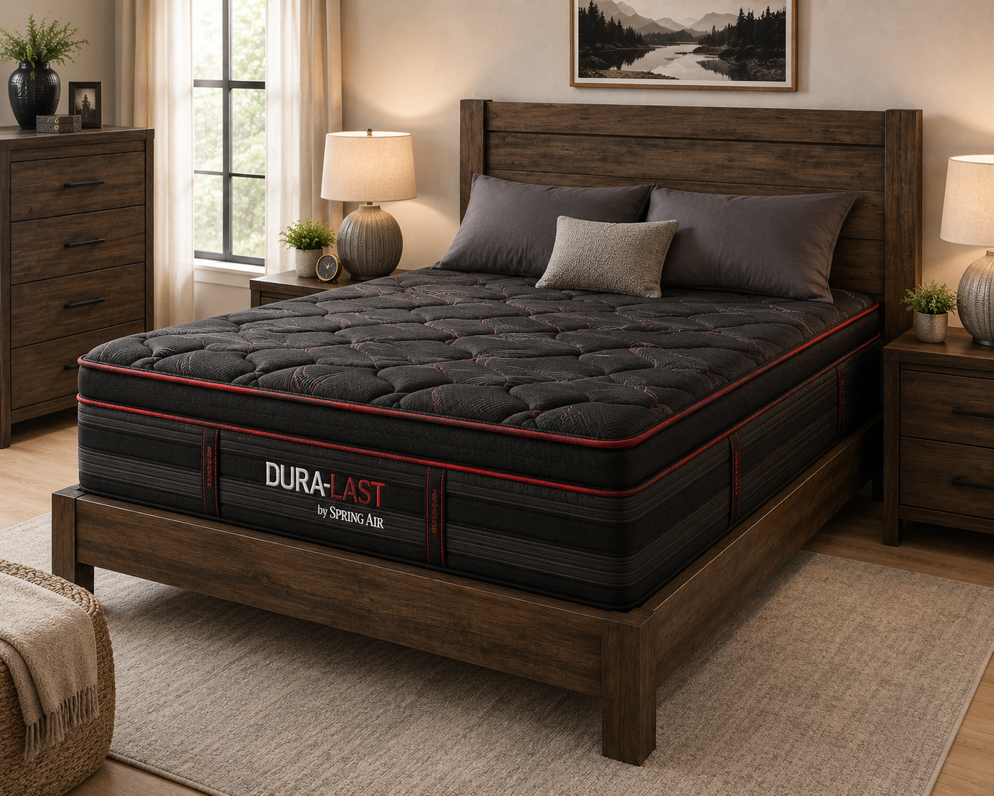 Bedroom with a bed, nightstands, rug, and artwork. Dark blue mattress on a wooden bed frame.