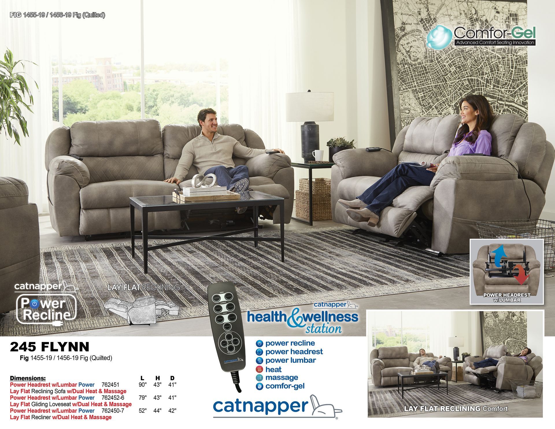 Living room with reclining sofa and chair. People relaxing; gray furniture and rug. Catnapper logo.
