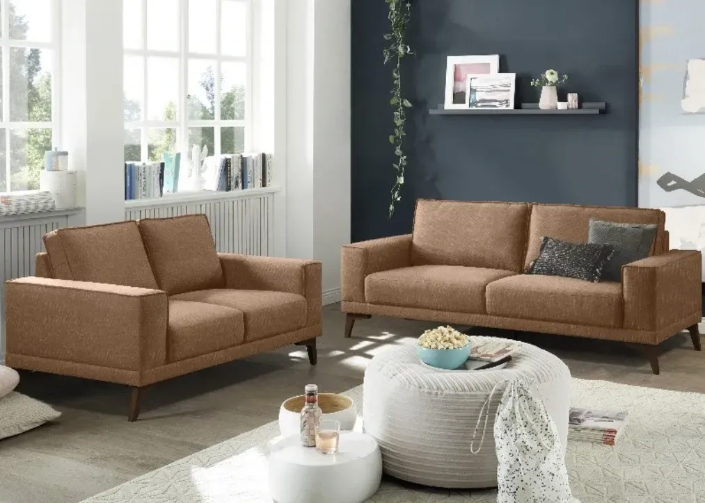 Two brown sofas in a bright living room, with a footstool and decorative shelf against a dark blue wall.