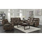 Brown reclining sofa set in a living room.