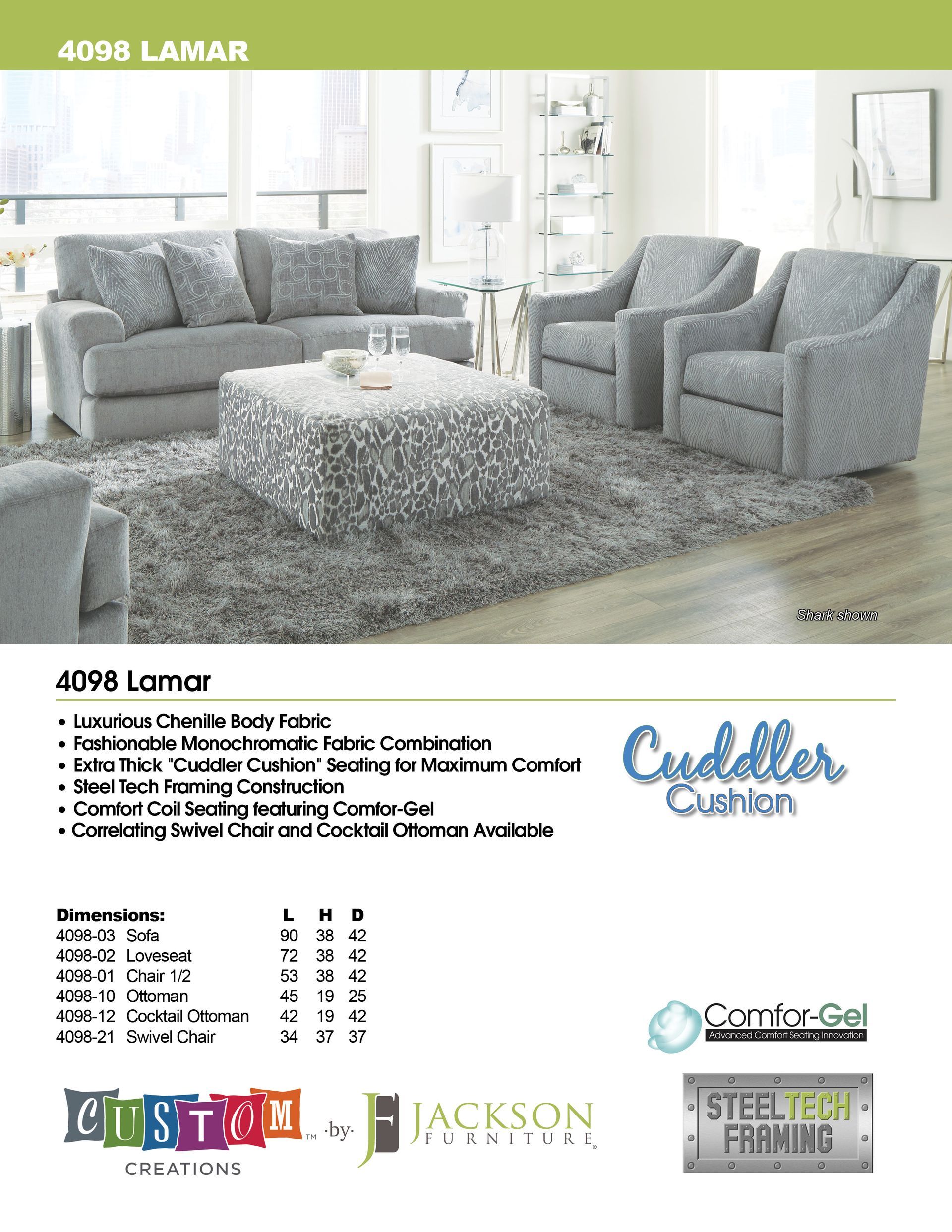 Living room furniture set in gray: sofa, swivel chairs, ottoman, rug.