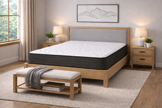 Bedroom scene with bed, nightstands, and bench. Mattress has a dark side panel and white top.
