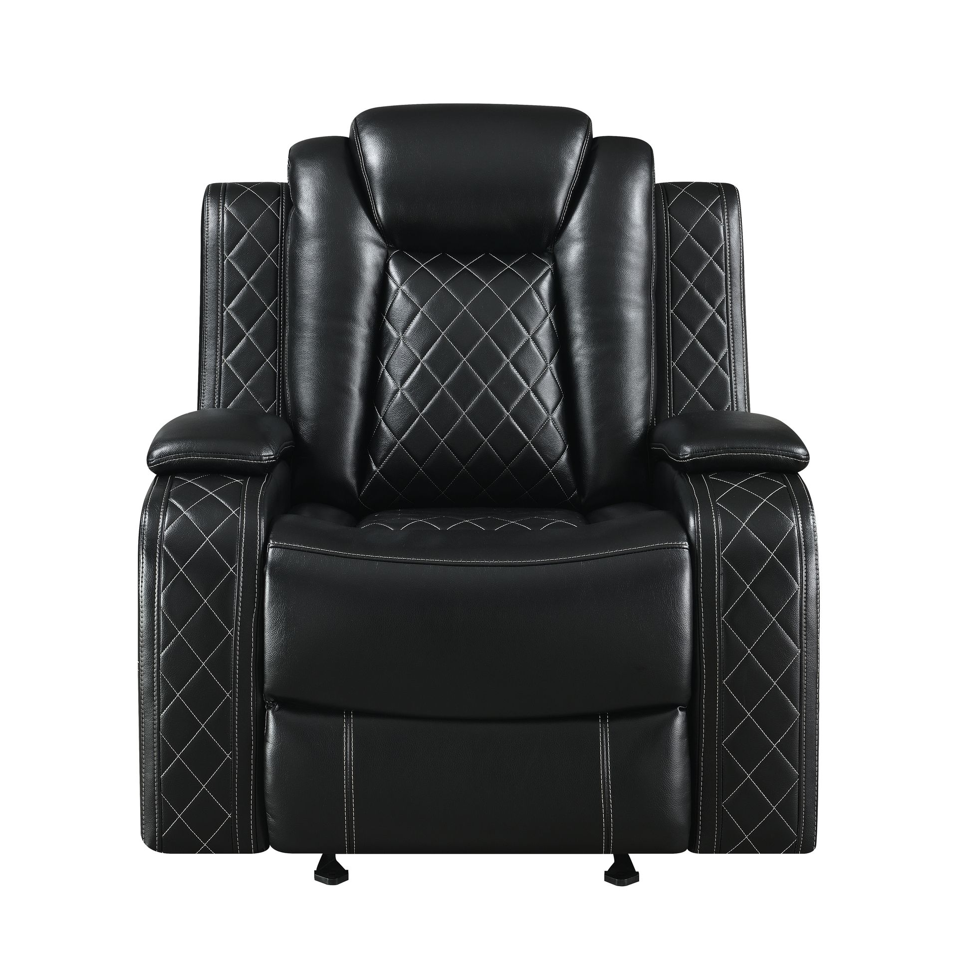 A black leather recliner with diamond-patterned stitching on the backrest and sides, viewed from the front.
