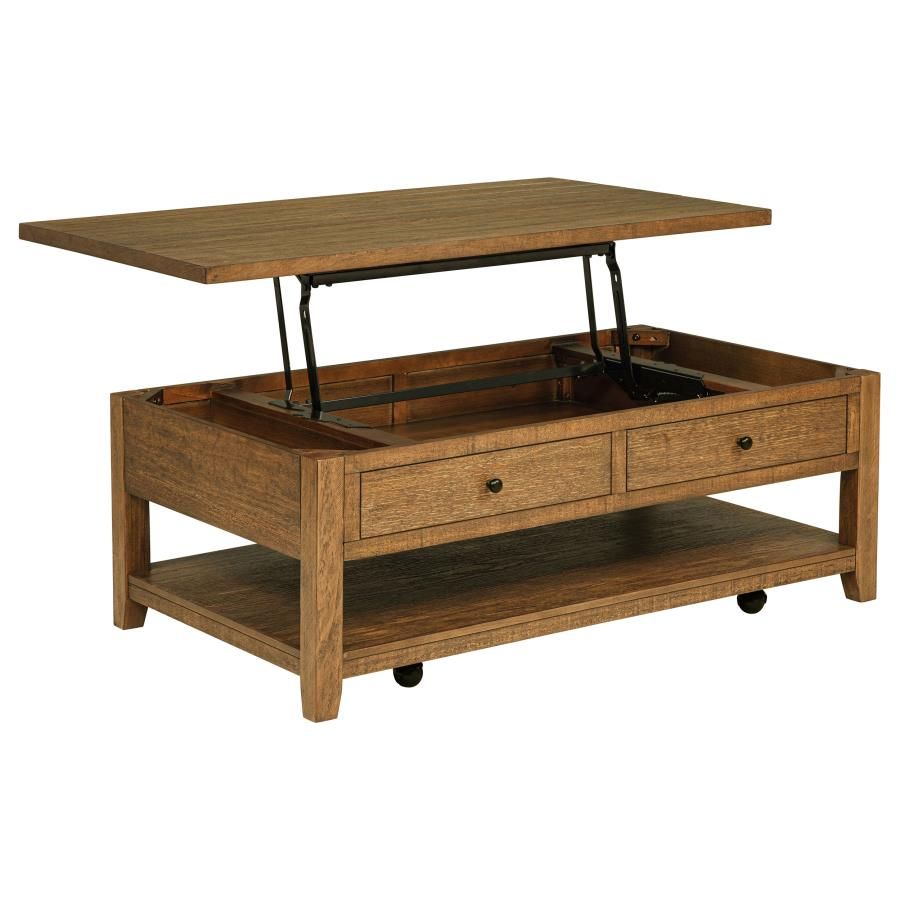 Wooden lift-top coffee table with drawers and open top, showing the lifting mechanism.