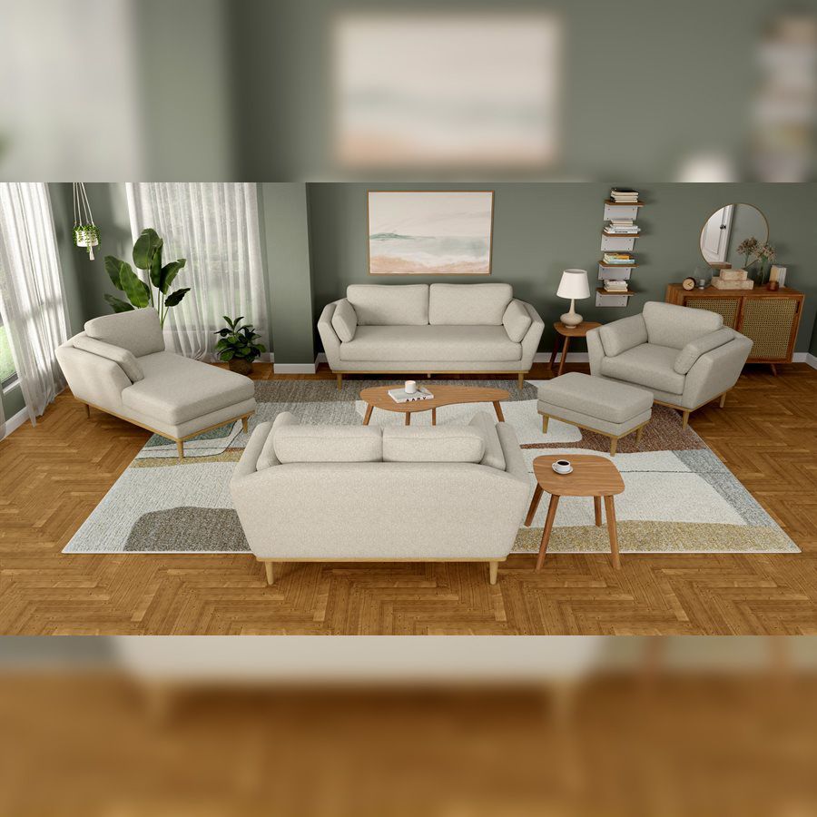 Living room furniture set with beige sofa, chairs, and wooden tables on a patterned rug.