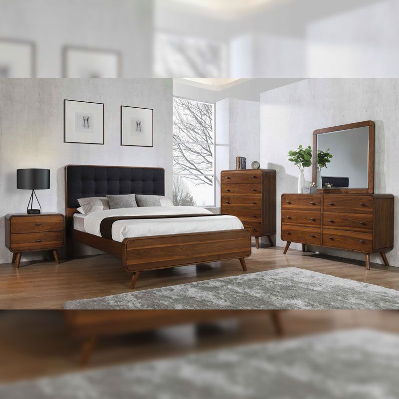 Bedroom furniture set: wooden bed, nightstand, chest, dresser, mirror; gray rug, modern style.
