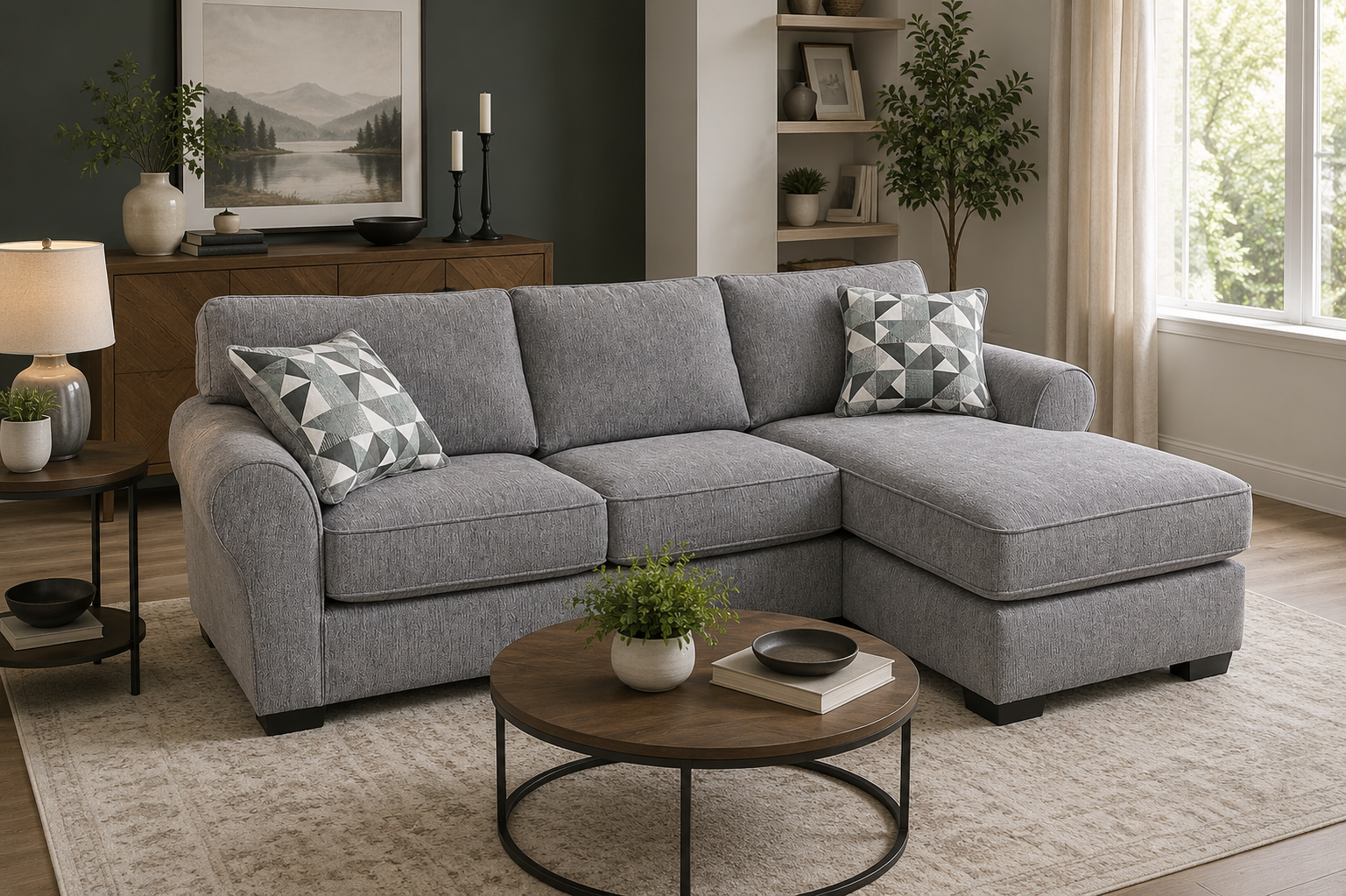 Dark gray sectional sofa with a chaise and patterned accent pillows.