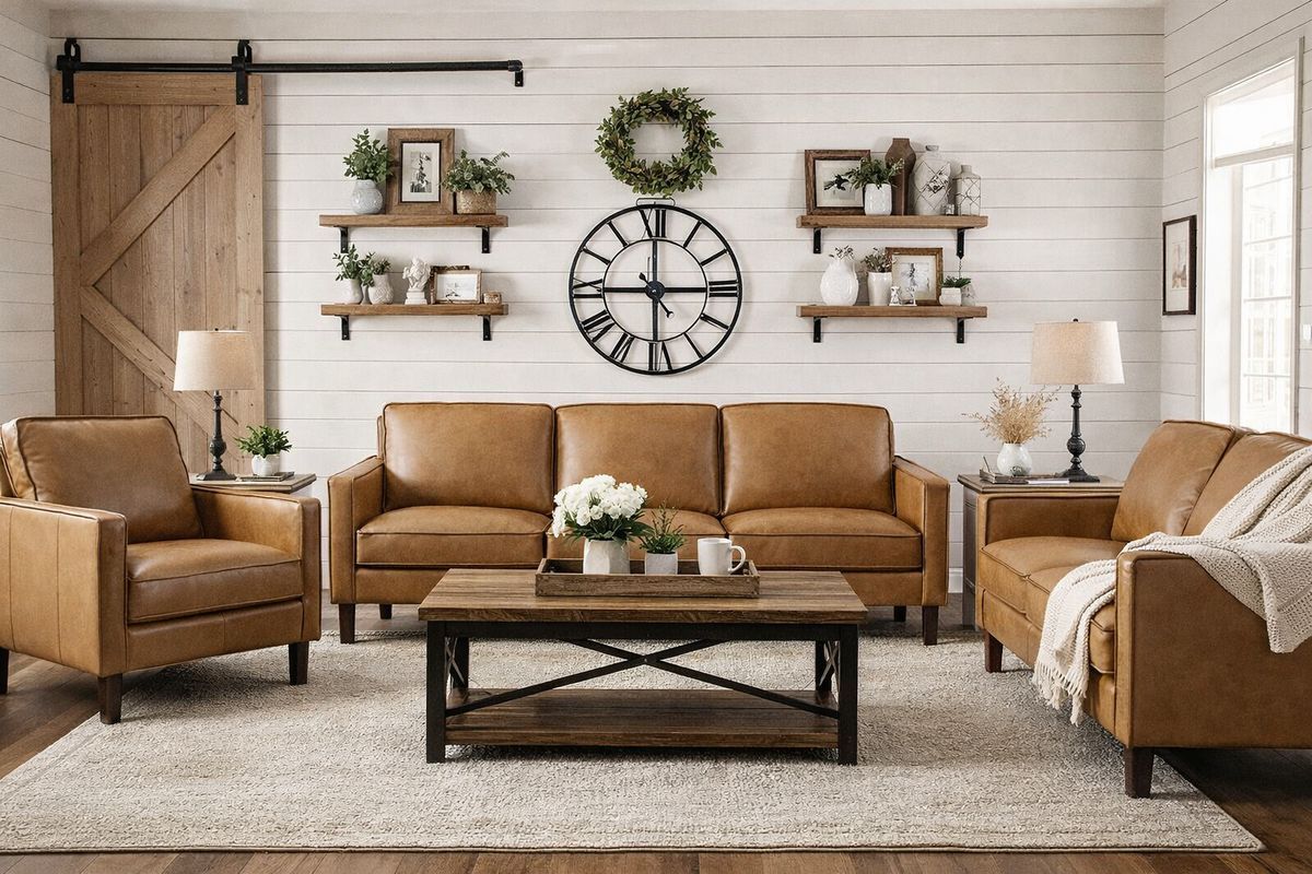 Living room with brown leather sofa, chairs, wooden shelves, and rustic coffee table.