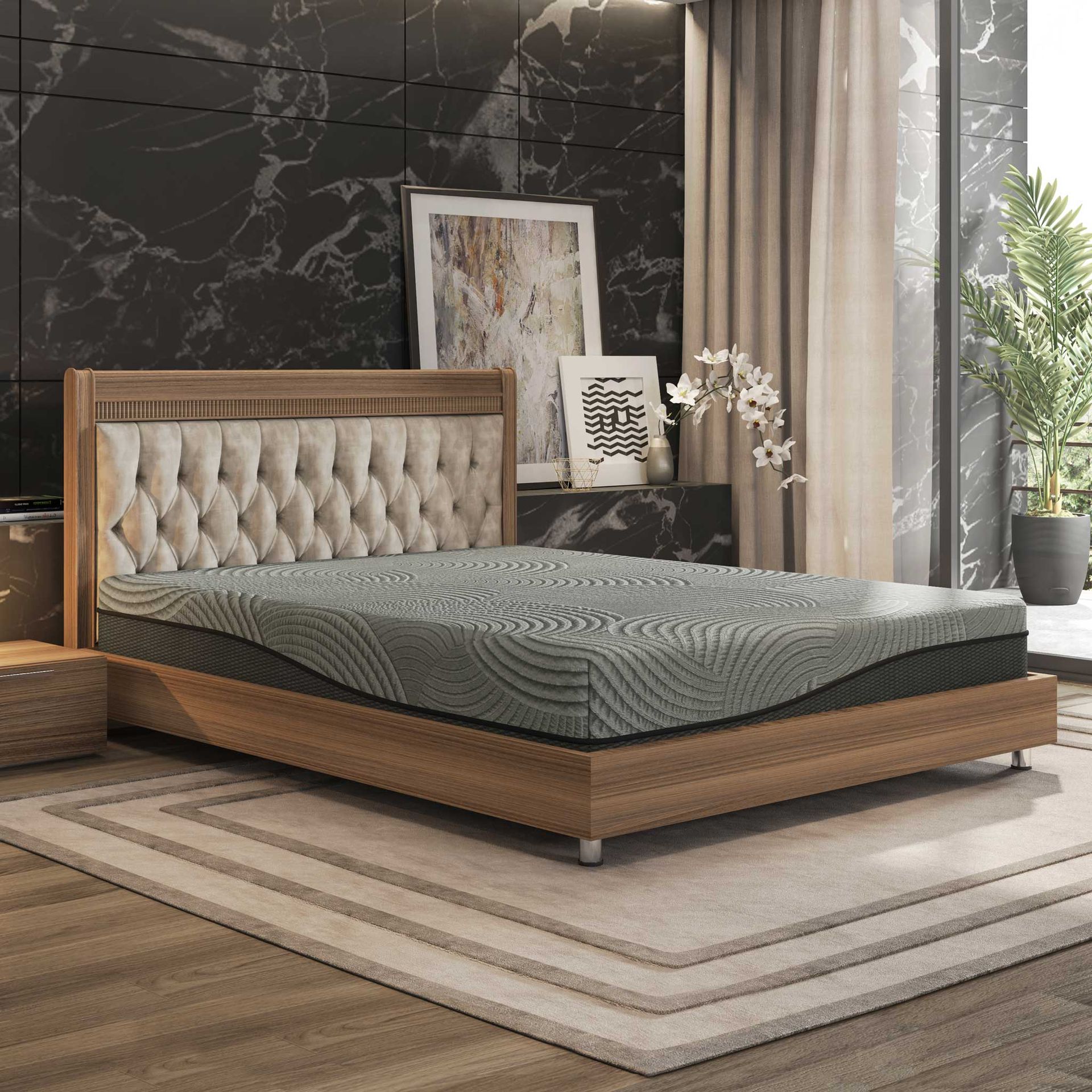 Bedroom with a bed frame, tufted headboard, and gray patterned mattress. Wooden nightstand, art, and a large window.