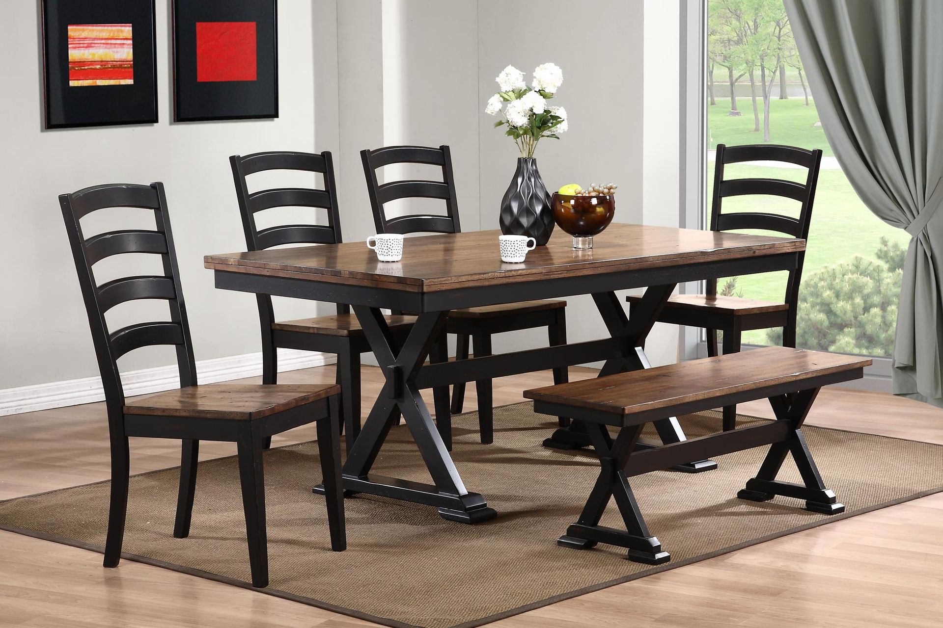 Dining set with rectangular table, chairs, and bench; dark wood, brown and black tones, rug.