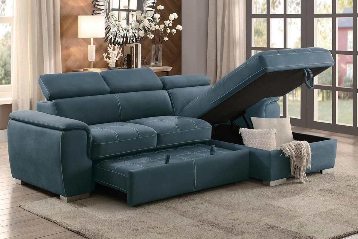 Blue sectional sofa with open storage, in a living room.