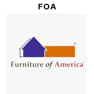 Logo for Furniture of America: blue house next to an orange rectangle, with text