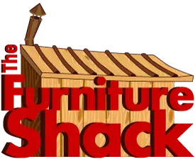 The Furniture Shack logo: red text over a wooden shack, topped with a chimney.