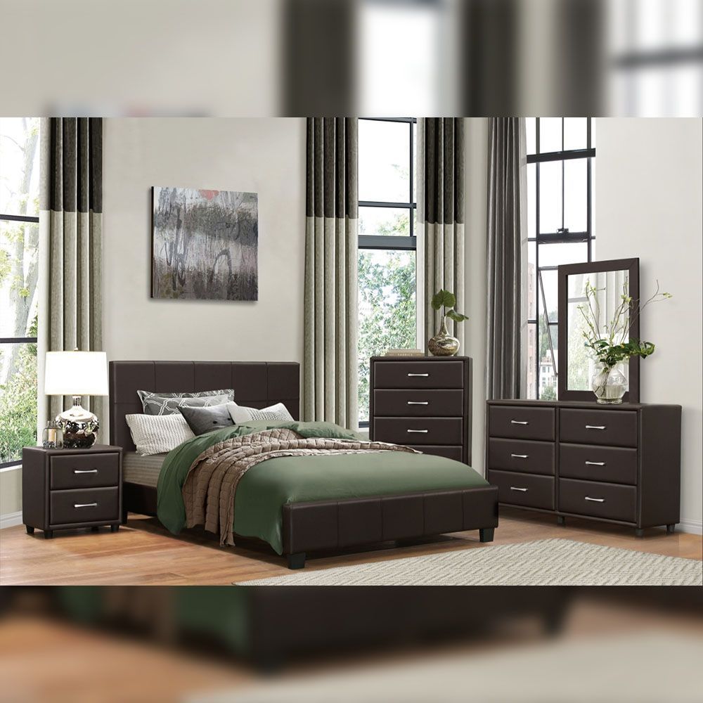 Bedroom furniture set: bed, nightstand, chest, dresser, and mirror. Brown, modern design, neutral colors.