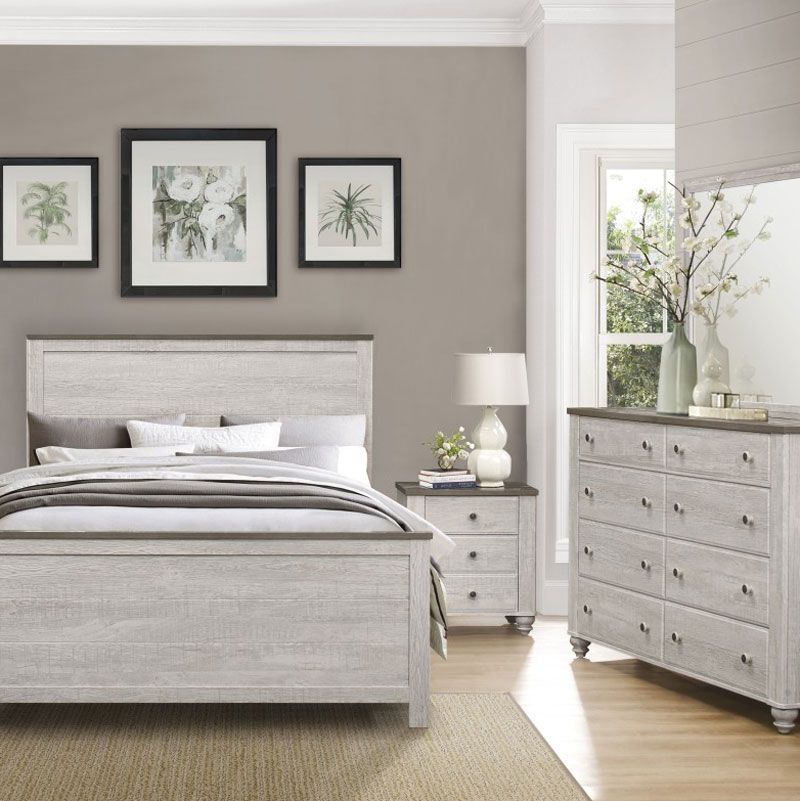 Bedroom furniture set with a bed, nightstand, and dresser in a neutral color palette.