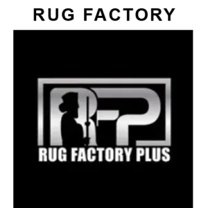 Logo for Rug Factory Plus, silver text and emblem on black background. Silhouette of a person with a rug weaving tool.