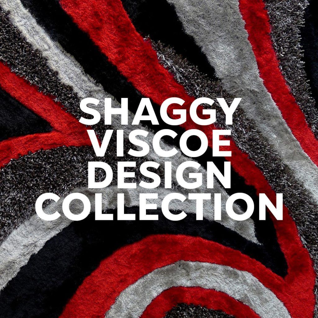 Shaggy viscoe rug design in red, black, and silver swirl pattern.